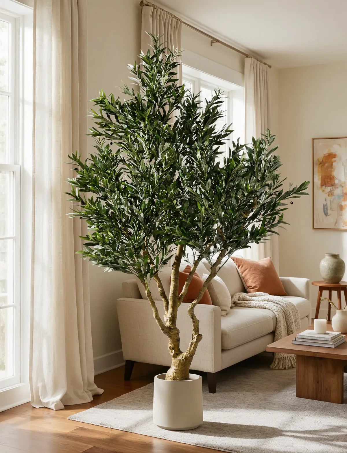 Olive BOGO — two 7ft Tuscan Olive Lush trees styled in a living room