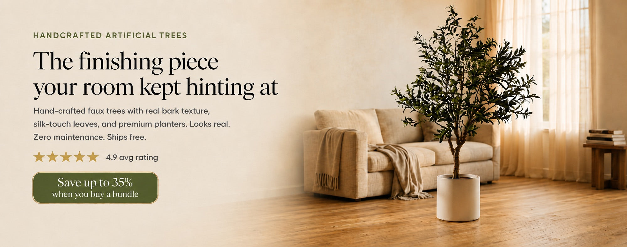 The finishing piece your room kept hinting at — handcrafted artificial olive tree styled in a living room