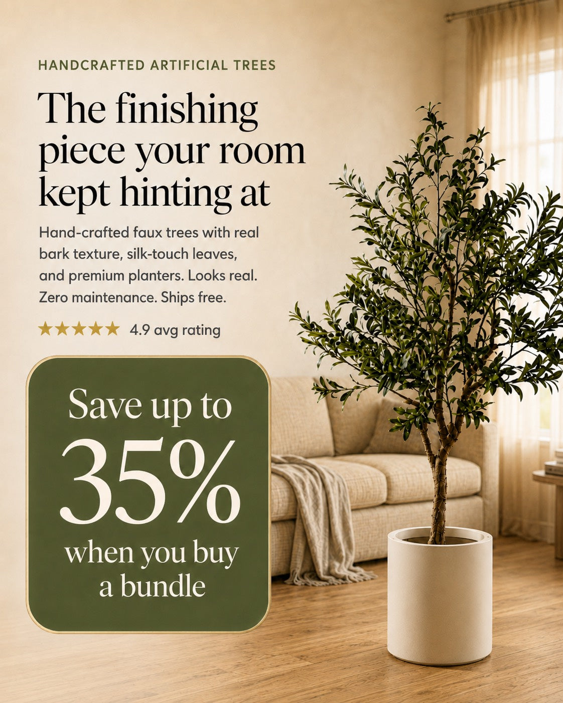 Handcrafted artificial olive tree styled beside a sofa in a sunlit living room — the finishing piece your room kept hinting at